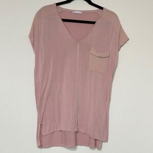 ZARA Pink Mauve Basic Collection‎ V Neck Short Sleeve Tunic Pocket T Shirt Top M
